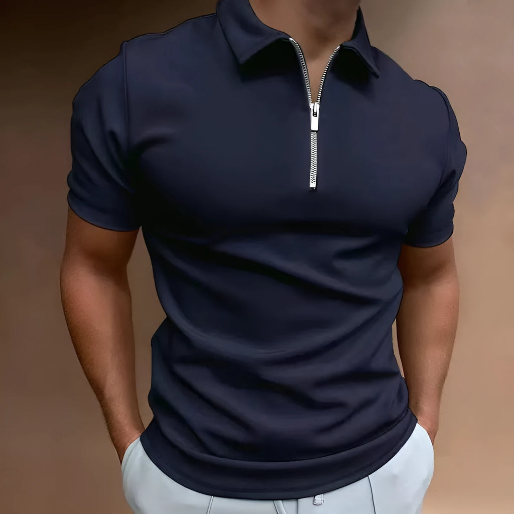 Men's casual short sleeve polo shirt with digital print design in loose fit, shown in multiple colours.