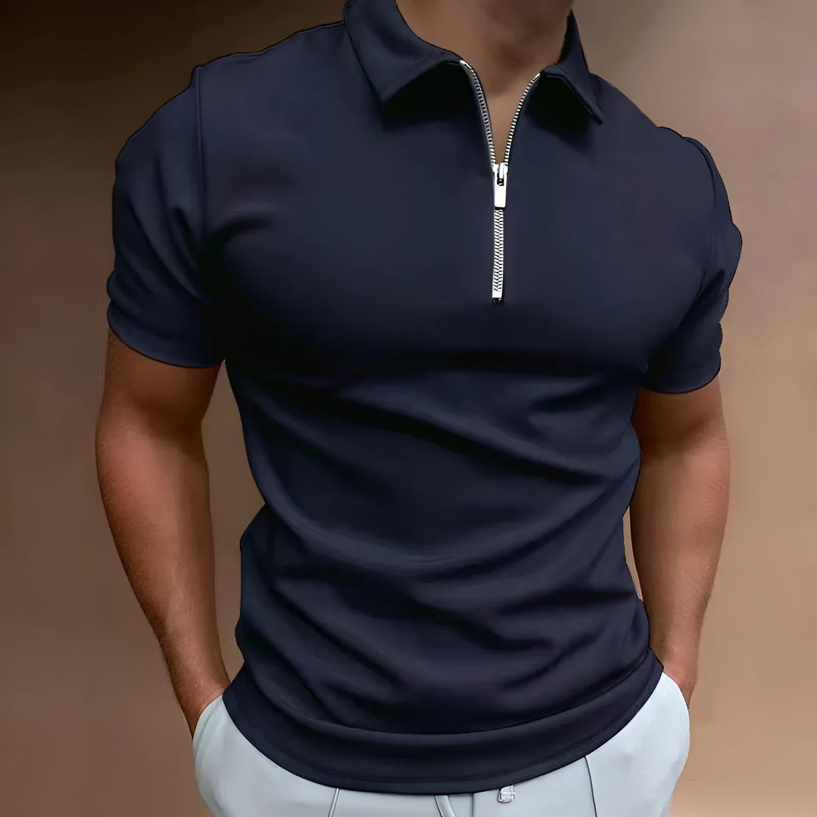 Men's casual short sleeve polo shirt with digital print design in loose fit, shown in multiple colours.