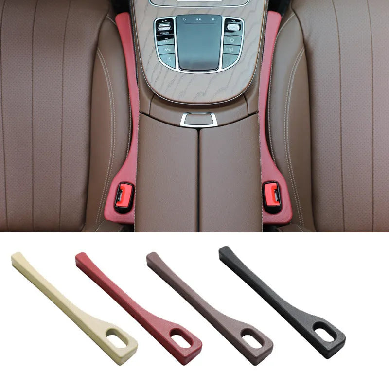 Black polyurethane car seat gap strip preventing items from falling between vehicle seats.