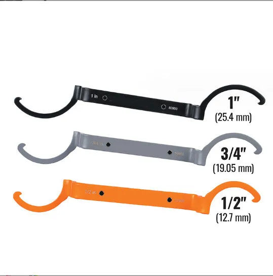 Three magnetic catheter locking wrenches in orange, grey, and black colours displayed together.
