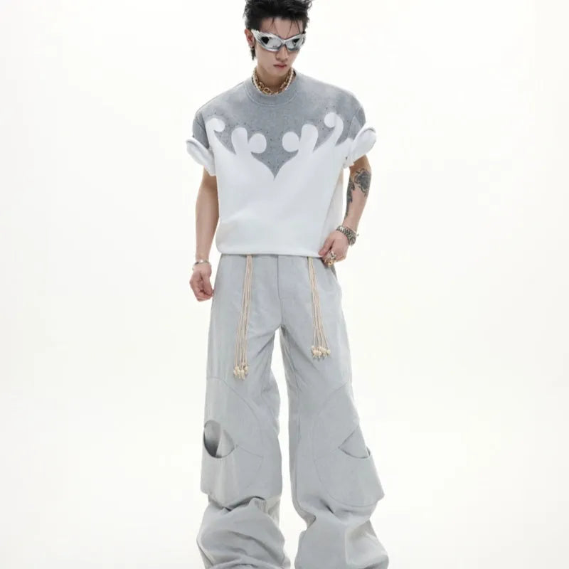 Men's grey cotton short sleeve shirt with burnt flower stitching and rhinestone details on the chest.