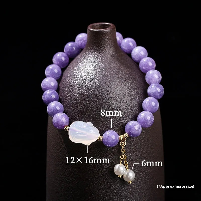 Purple aquamarine and lychee jelly agate rabbit bracelet with geometric design and round elements