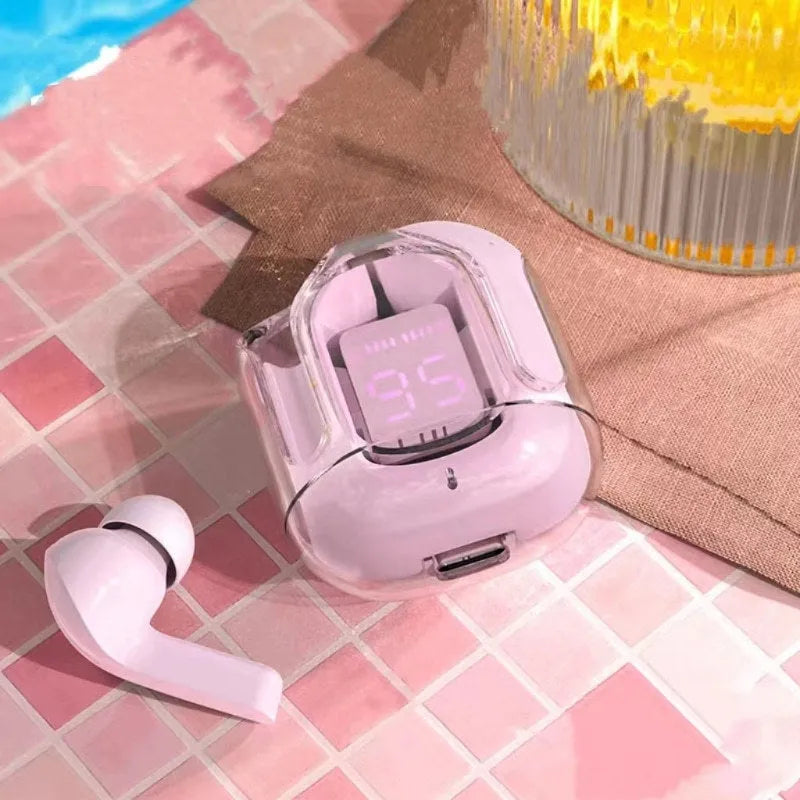 Transparent space capsule case true wireless Bluetooth earbuds with digital display screen