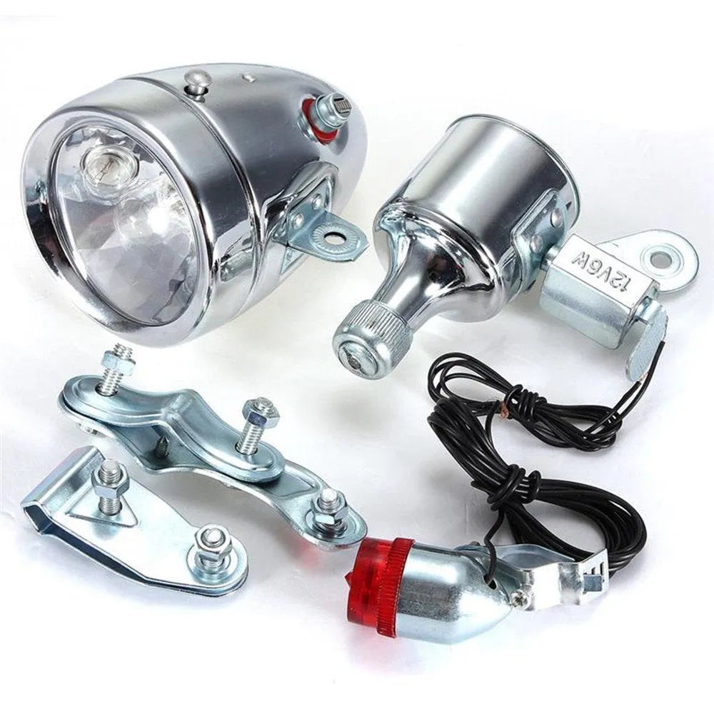 Bicycle generator light modification kit with dynamo unit and wiring for friction-powered illumination