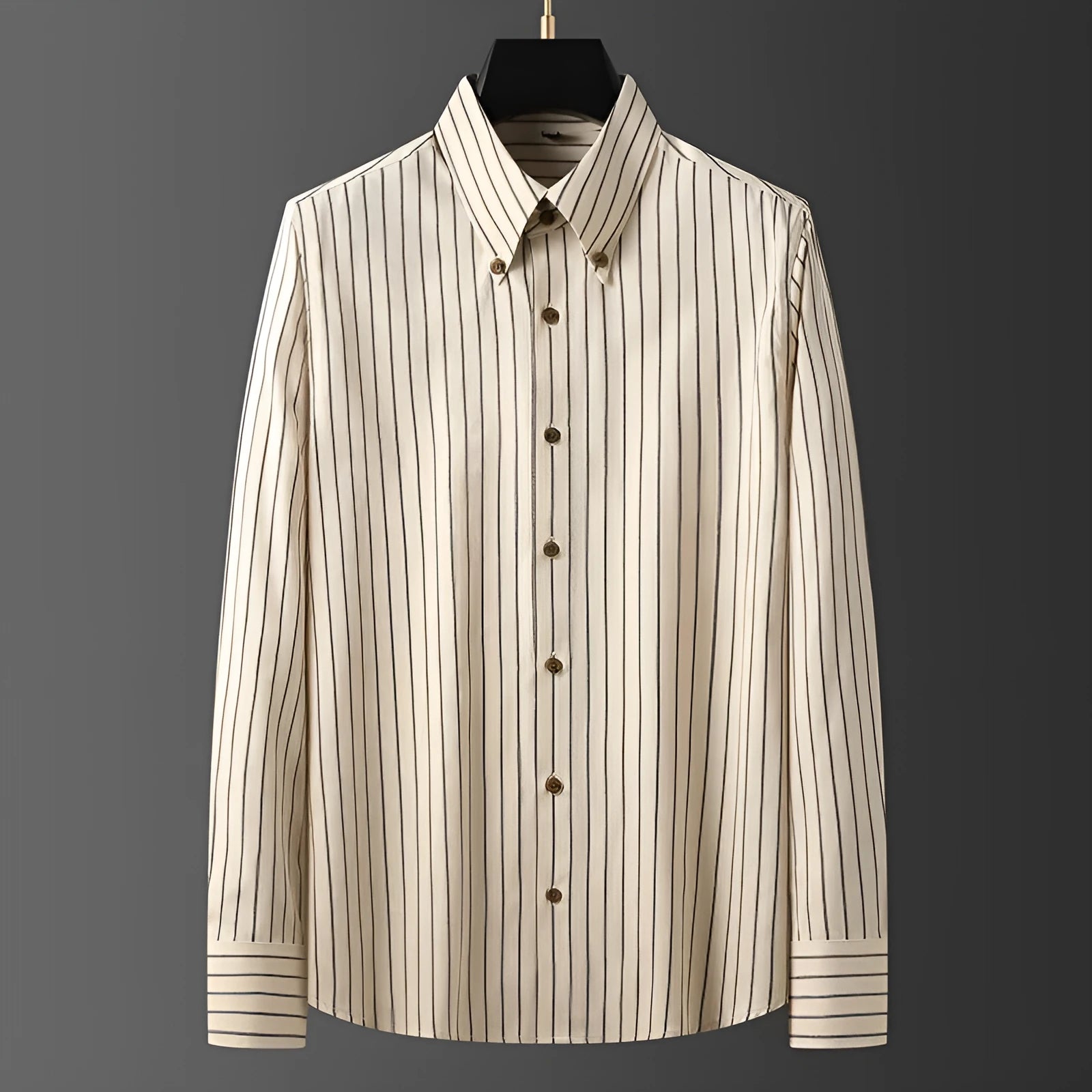 Coffee coloured striped men's long-sleeved shirt with a slim fit on a hanger.