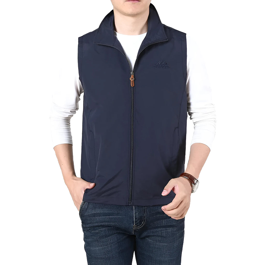 Men's loose-fitting thin waistcoat vest in a solid colour with side seam pockets.