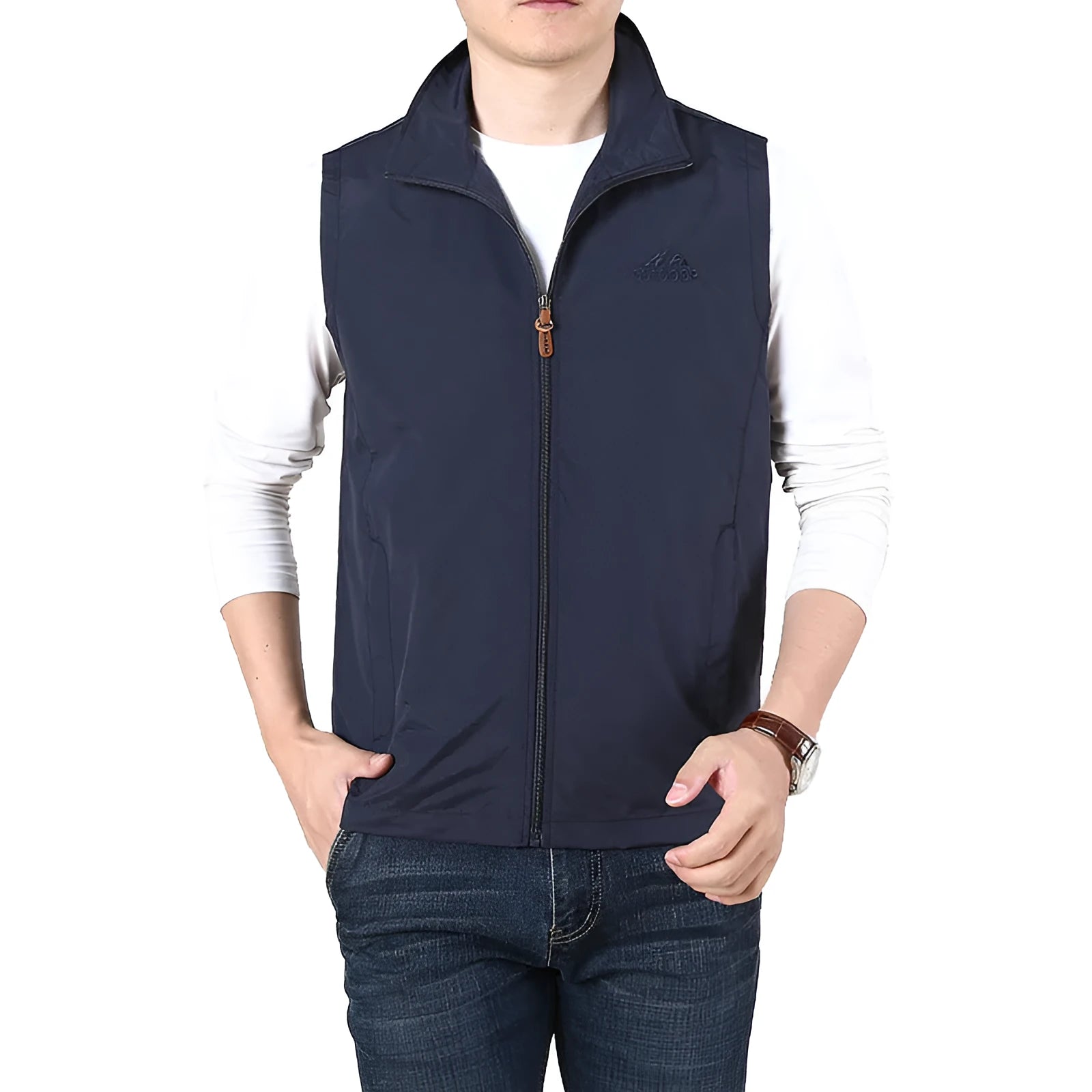 Men's loose-fitting thin waistcoat vest in a solid colour with side seam pockets.