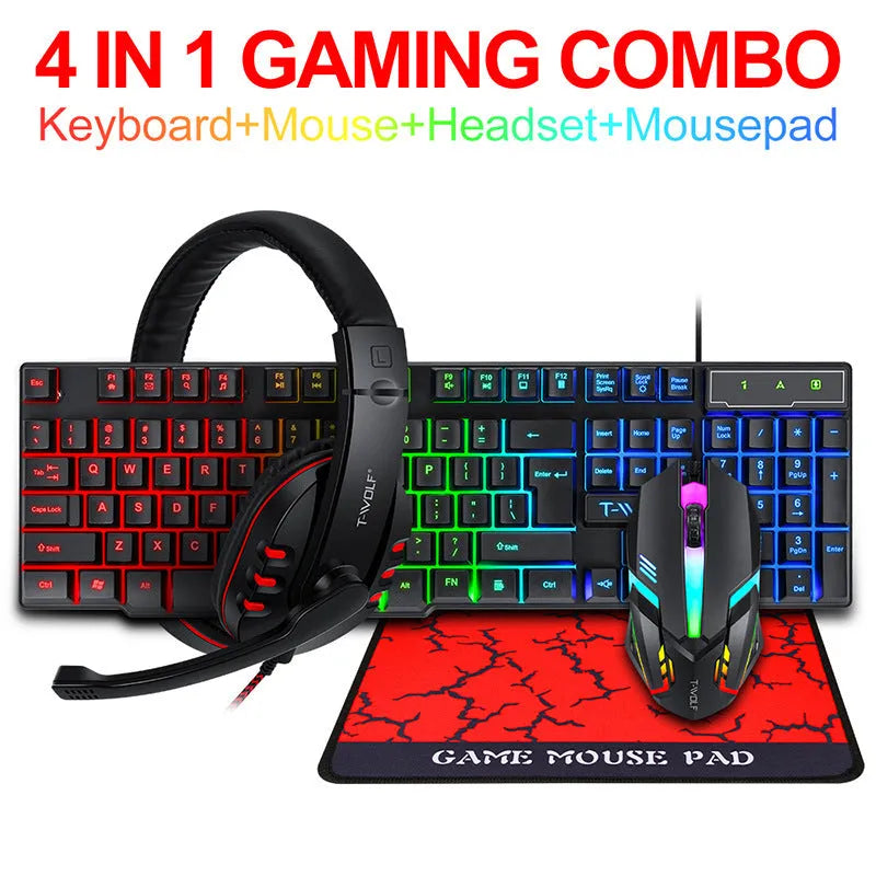 Thunder Wolf T800 four-piece gaming set with luminous keyboard, mouse, headset and mouse pad