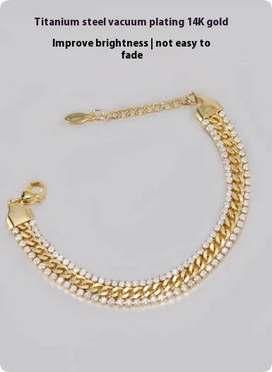Gold titanium steel tennis bracelet with artificial gemstones showing hip hop European American style