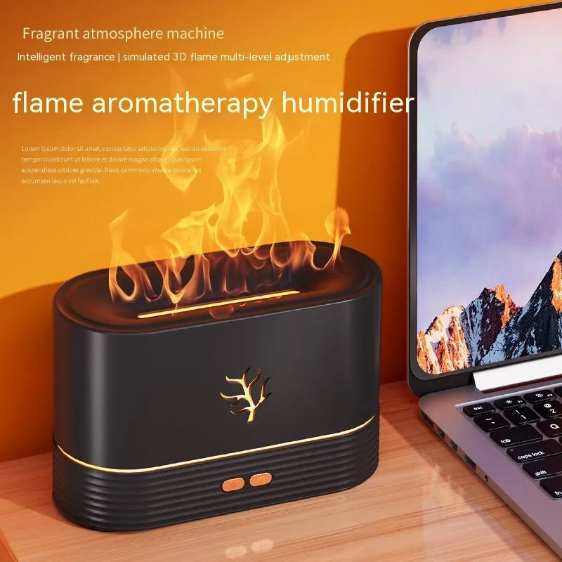 Square flame humidifier with LED fire effect showing mist output