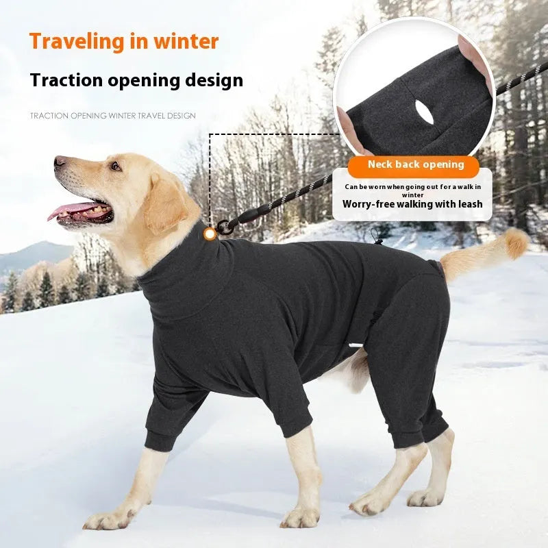 Dark grey polar fleece four-legged dog clothes with high collar on a medium-sized dog