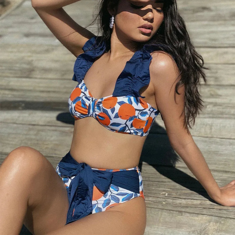 Women's blue leaf orange high waist bikini swimsuit with sleeveless briefs