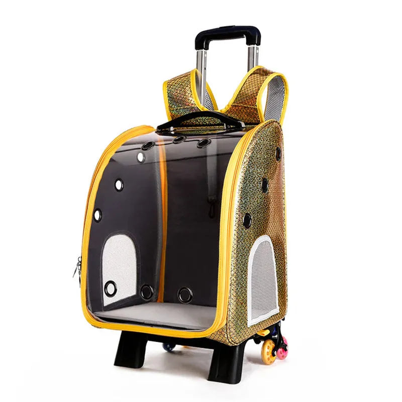 Blue transparent pet trolley bag with shoulder strap for carrying a small dog