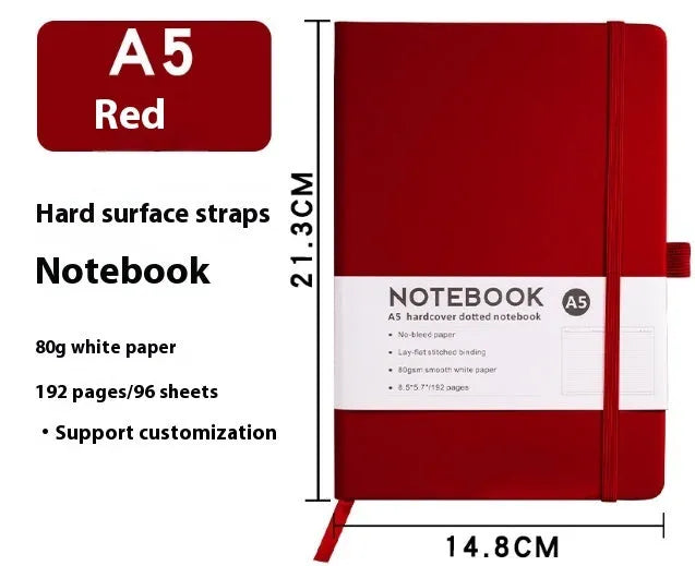 A5 soft touch PU leather notebook open on lined pages, shown in multiple colour options.