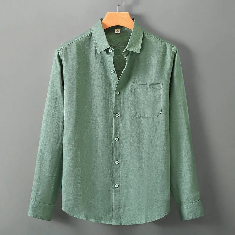 Linen long sleeve cardigan shirt in Chinese style loose fit, solid colour