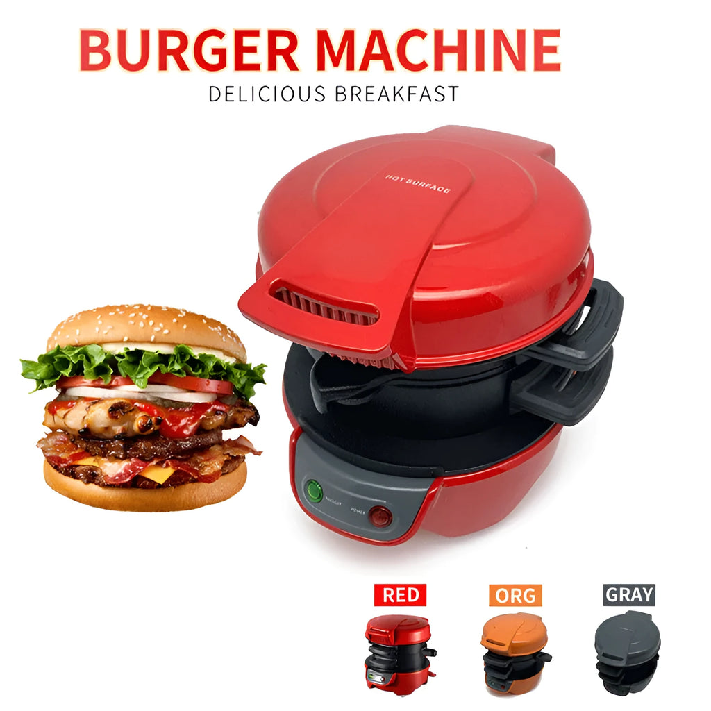Bright red breakfast machine with egg cooker ring and sandwich plates on kitchen counter
