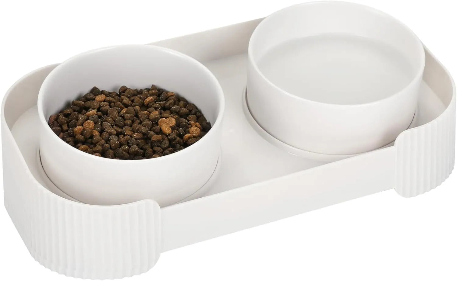 Green ceramic elevated cat bowls with tilted stand and dual bowls on wooden floor