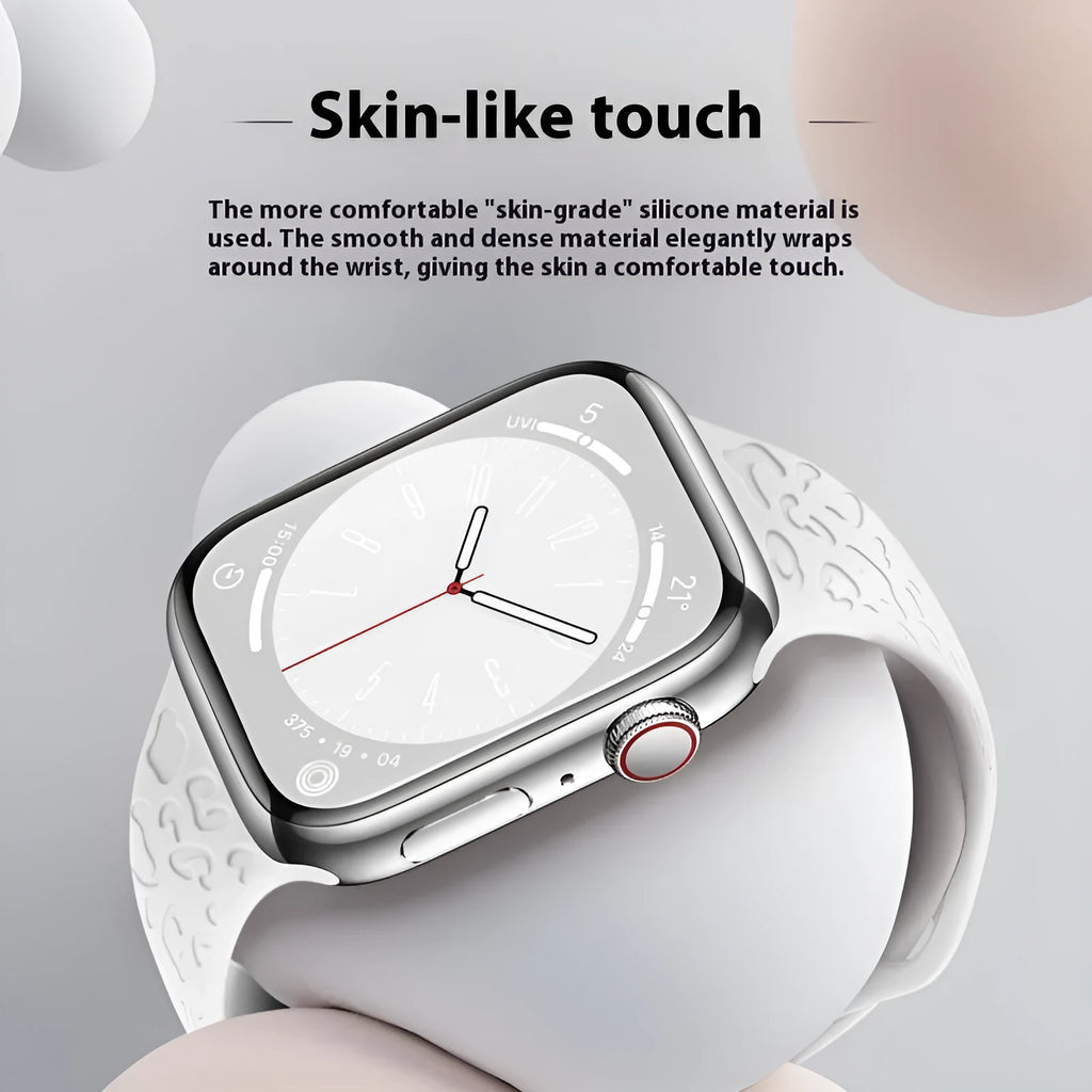 Silicone watch strap for Apple Watch with leopard print pattern, 8-word buckle, universal fit 38-49mm