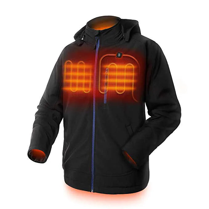 Black men's USB heating waterproof windproof winter coat with straight hem and long sleeves