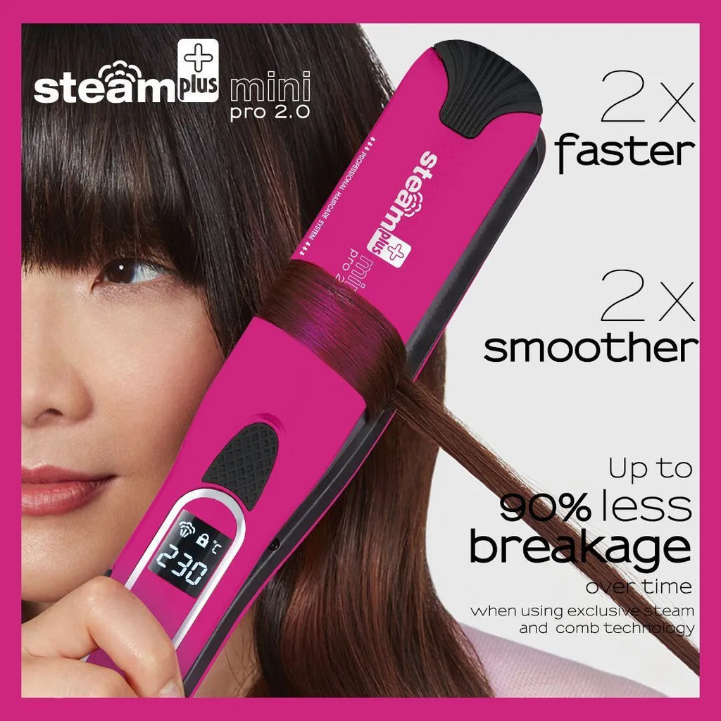 Mini steam hair straightener and curling iron in champagne, purple, or rose red colour