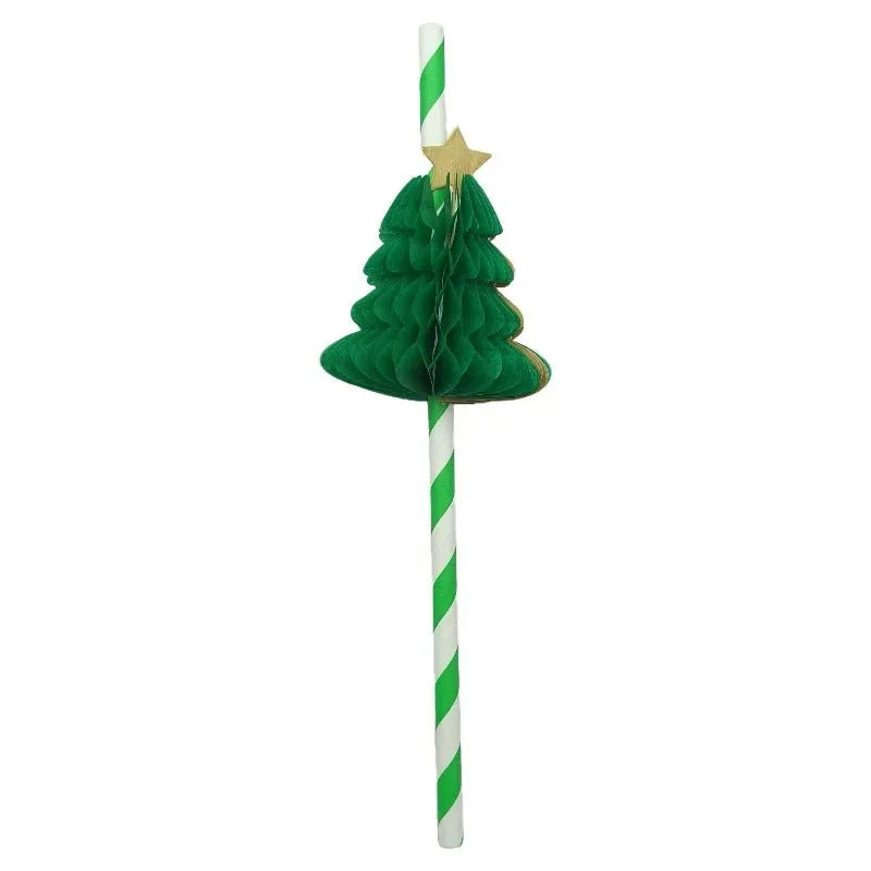 50 paper honeycomb Christmas tree straws 6x197mm in assorted colours on a table