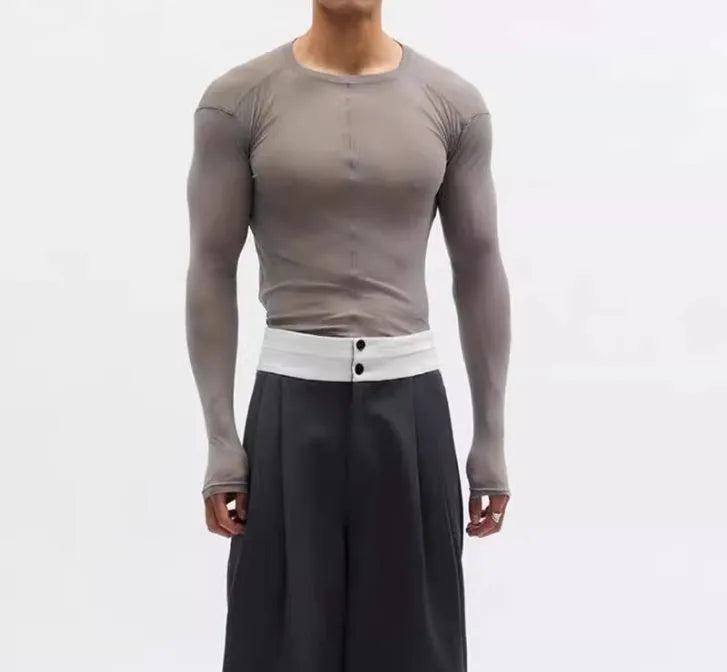 Black slim-fit women's pullover with mesh see-through texture and long sleeves.