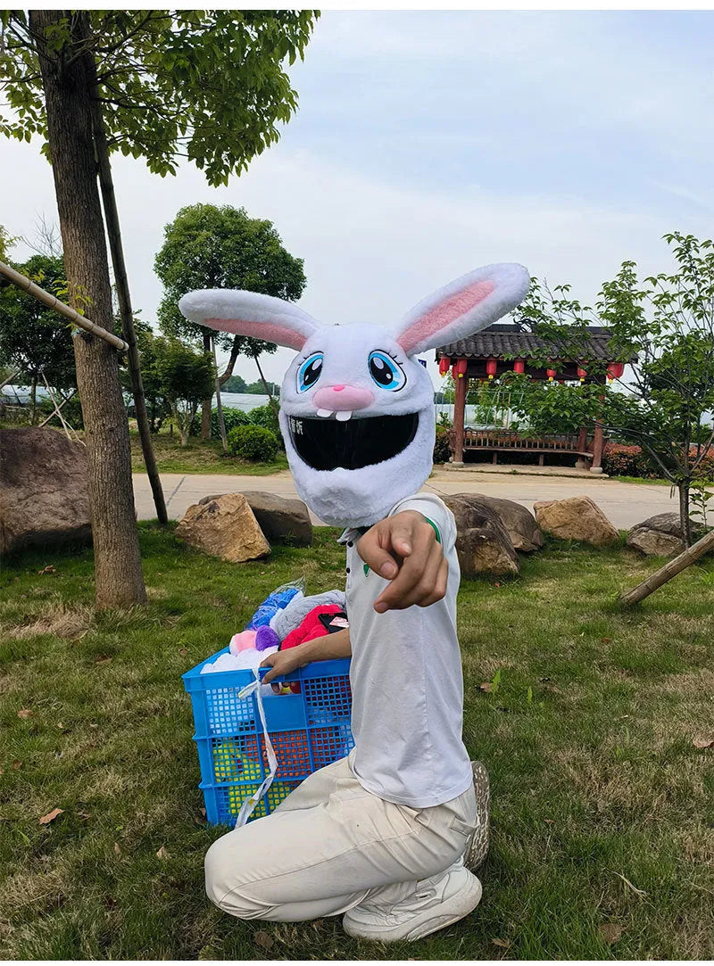 White rabbit head plush helmet cover for electric motorcycles on a helmet.