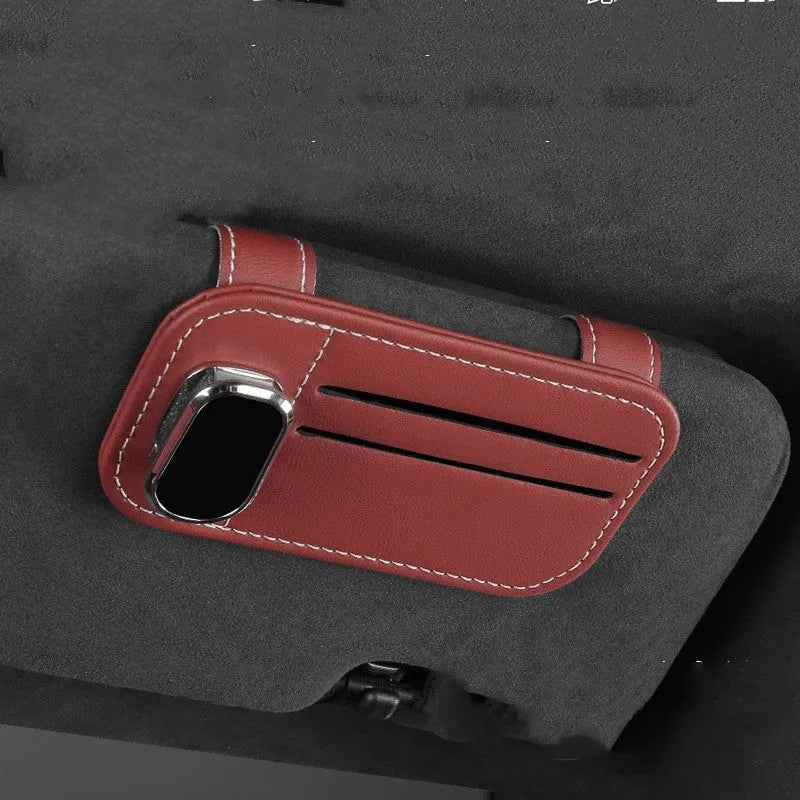 Car sun visor card holder with glasses clip in leather with snap-on installation