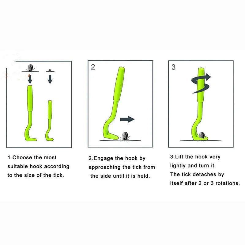 Three plastic hook tools for removing ticks from dogs and cats, in blue and green colours.