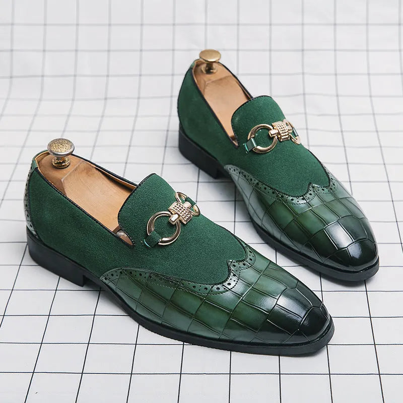 Men's black Korean-style pointed toe leather shoes with decorative sewing lines on artificial PU upper