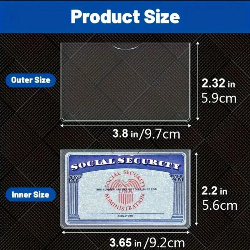 Clear PVC social security card holder with dimensions 9.7cm by 5.9cm, shown protecting a card.