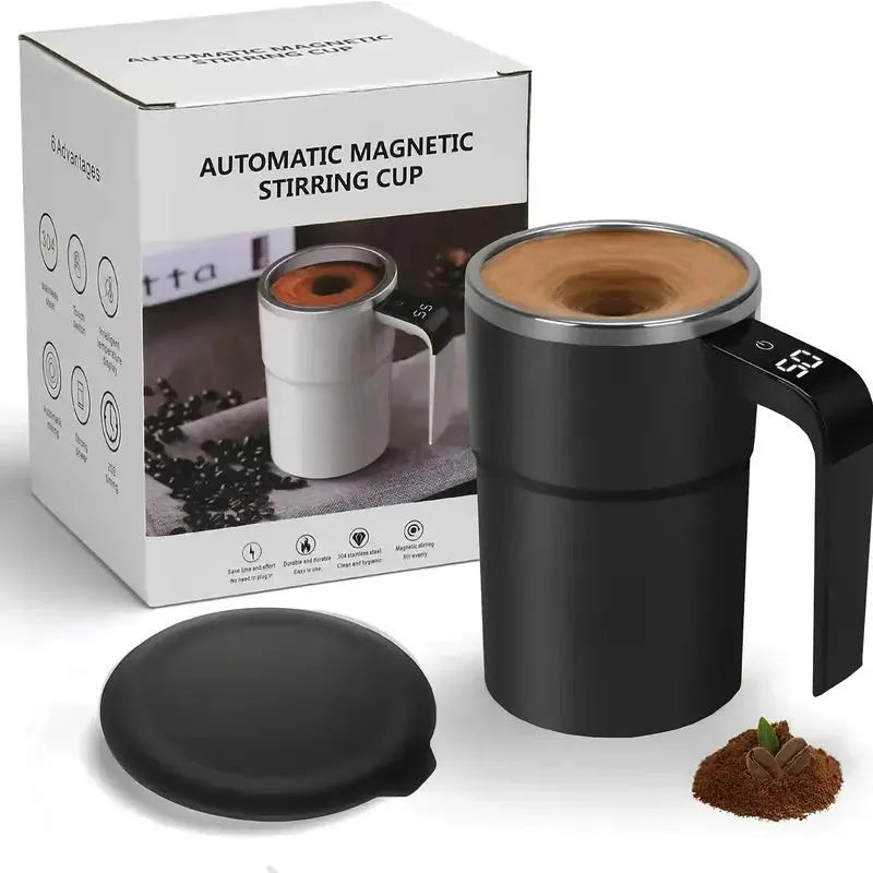 White electric automatic magnetic stirring mug with LCD temperature display on black base