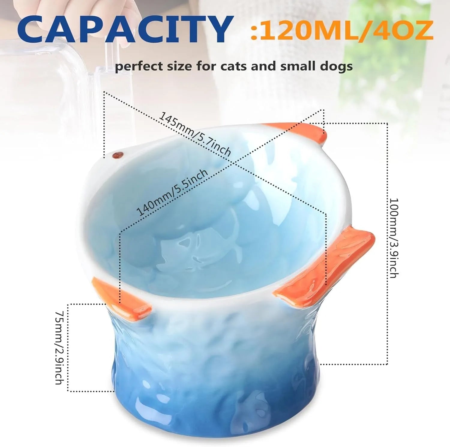 Set of four coloured fish-shaped ceramic cat bowls with elevated tilt design on a table.