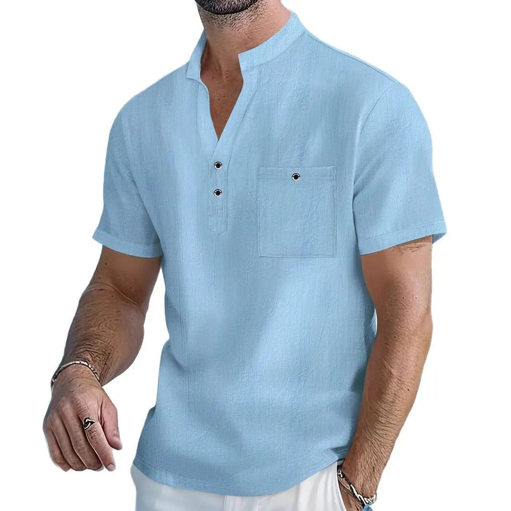 Men's linen stand collar short sleeve shirt in light blue solid colour showing loose fit casual styling