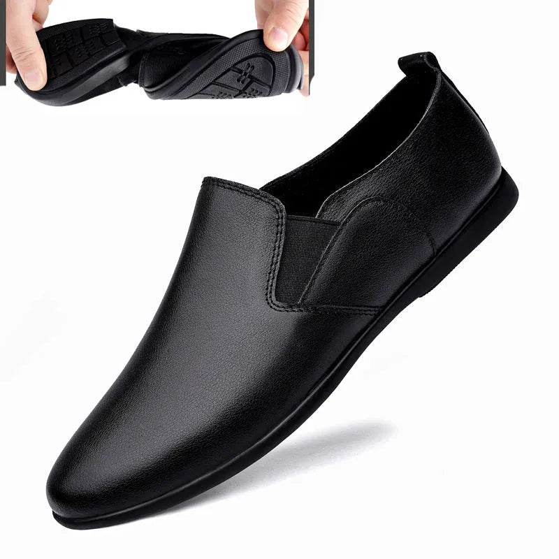 Men's black leather round-toe breathable business casual shoes on a white background.