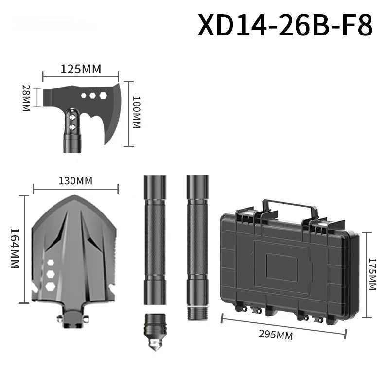 Black 80cm military shovel set with axe, knife, and multiple survival accessories in storage case
