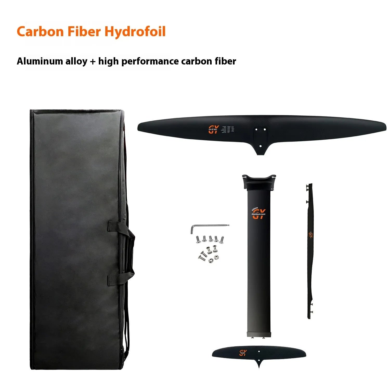 Black carbon fibre hydrofoil surfboard with large front wing for racing applications