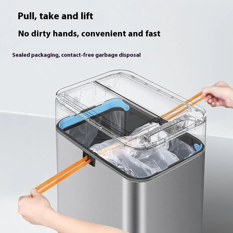 Stainless steel square inductive smart trash can with automatic lid and deodorising function.