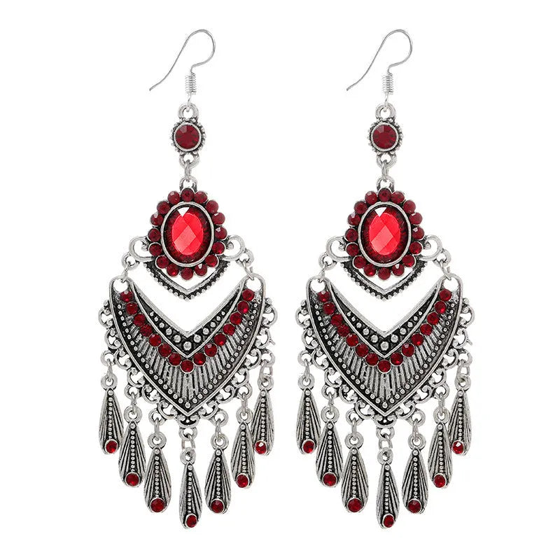 Purple retro crystal long fringe drop earrings with alloy ethnic style design