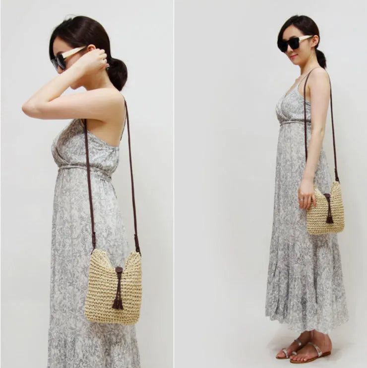 Handmade crochet crossbody straw bag for children with cotton lining in khaki colour