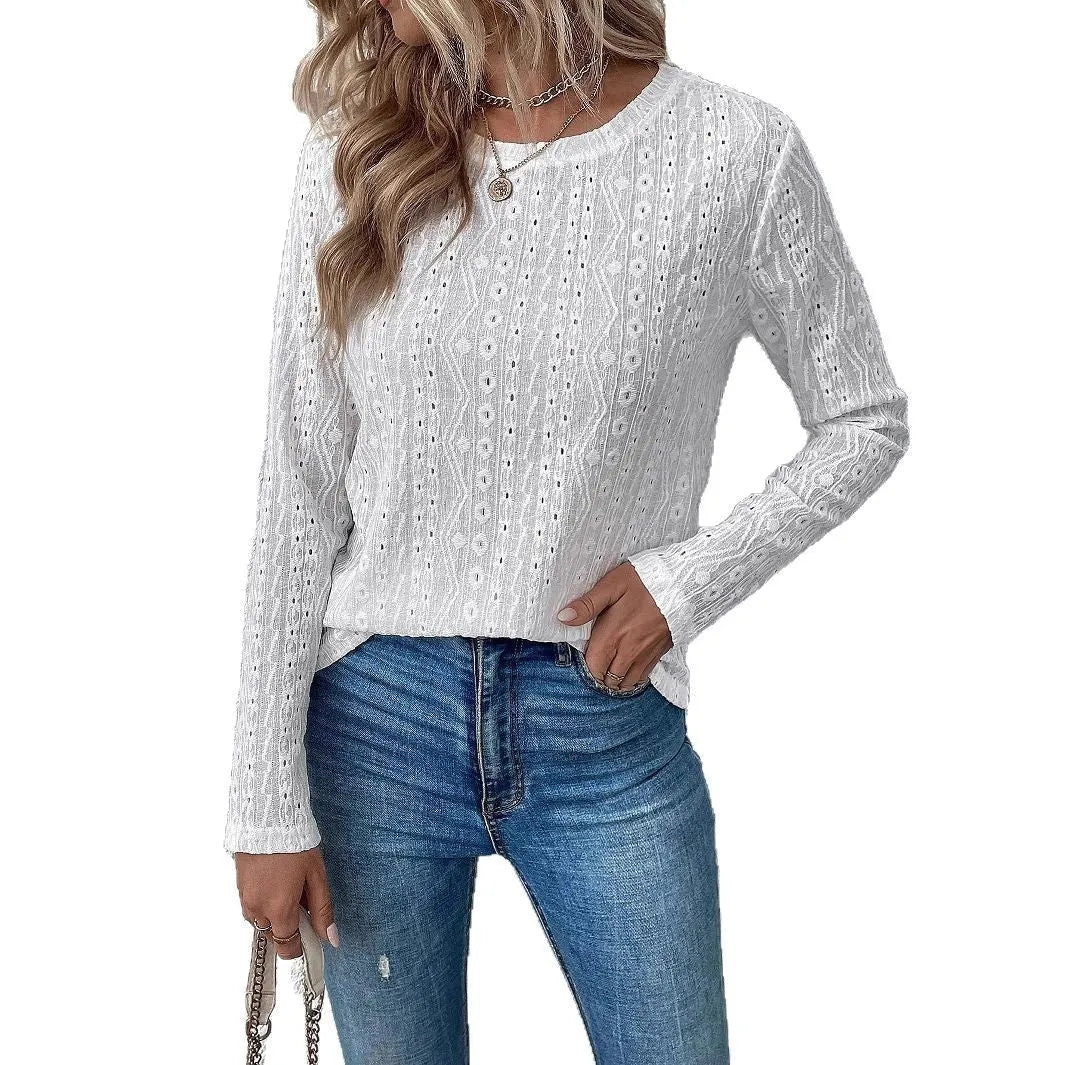White long sleeve hollow T-shirt top with round neck and loose fit