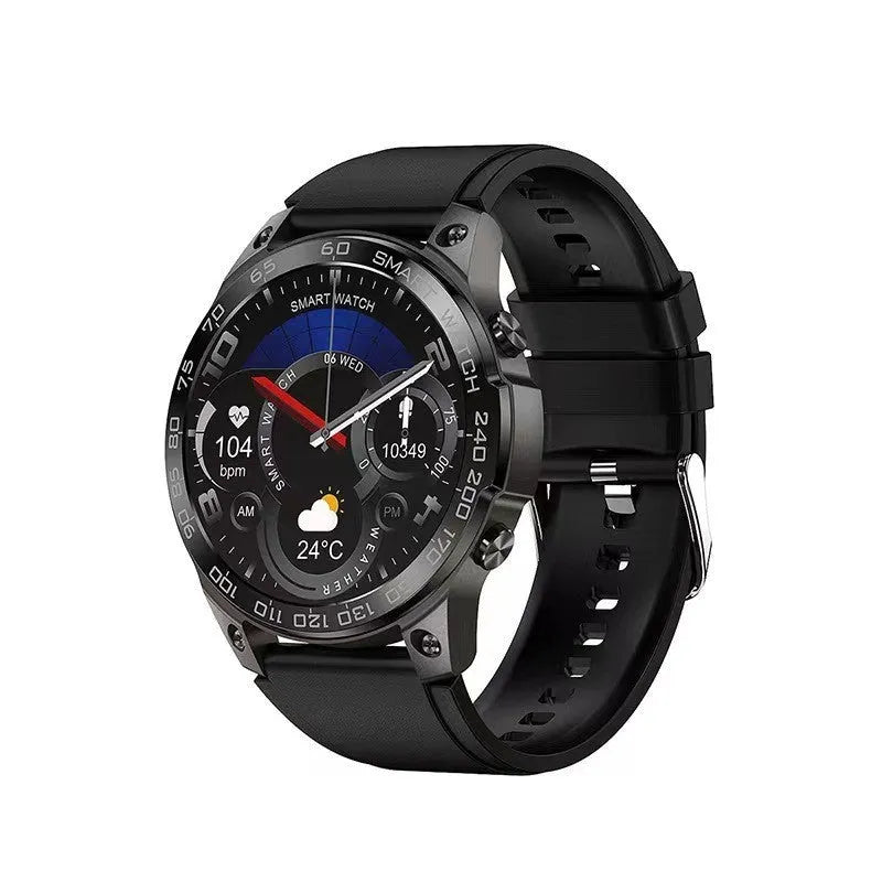 Black Bluetooth sports watch with round AMOLED screen and silicone strap on a wrist.