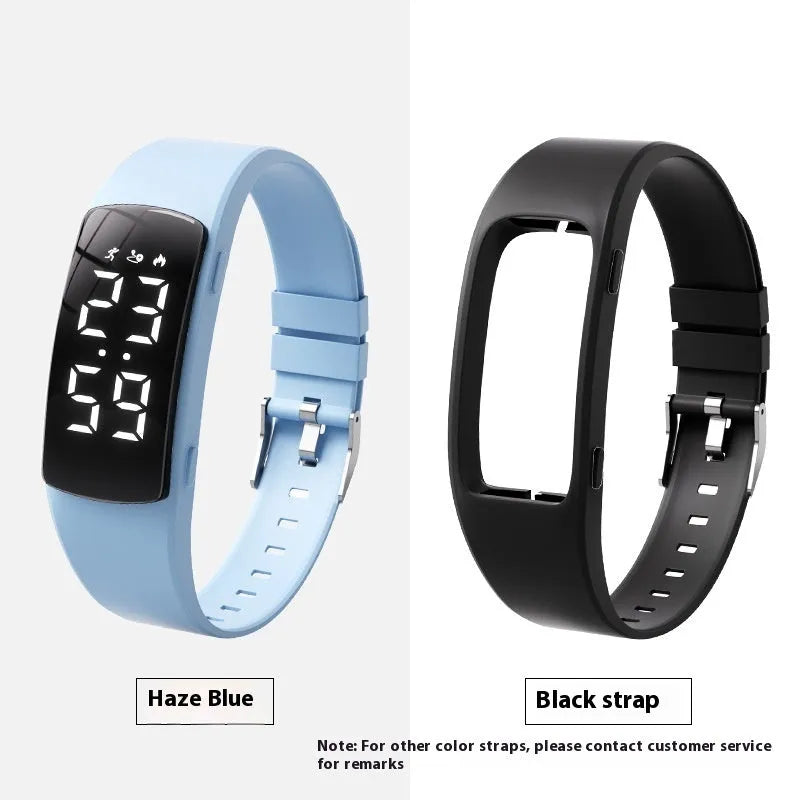 Vibration alarm smart watch with coloured silicone strap and LED display on a wrist.