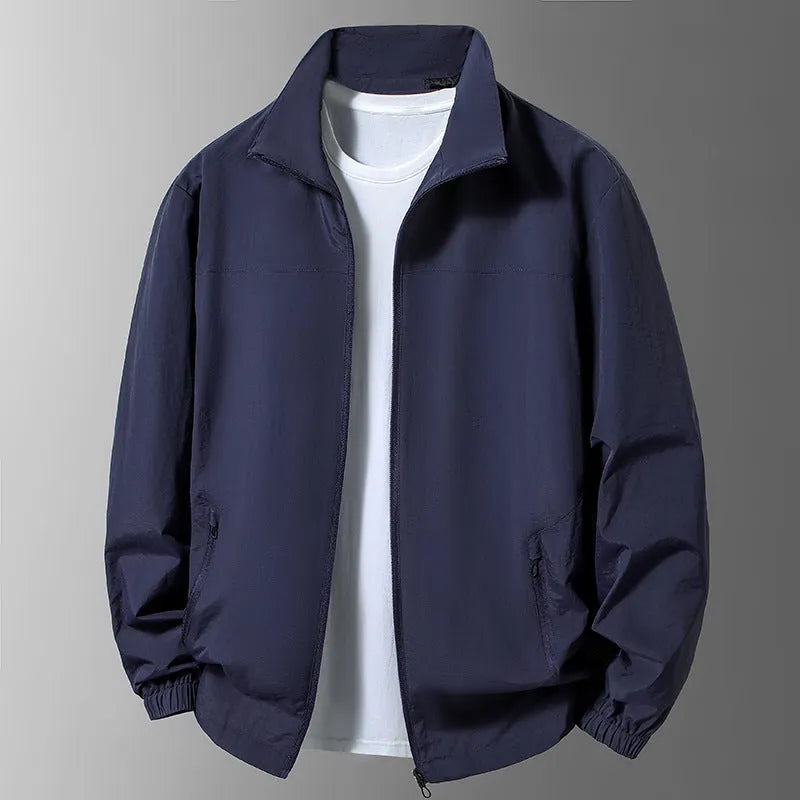 Men's large size casual windproof jacket with stand collar and zipper in khaki colour