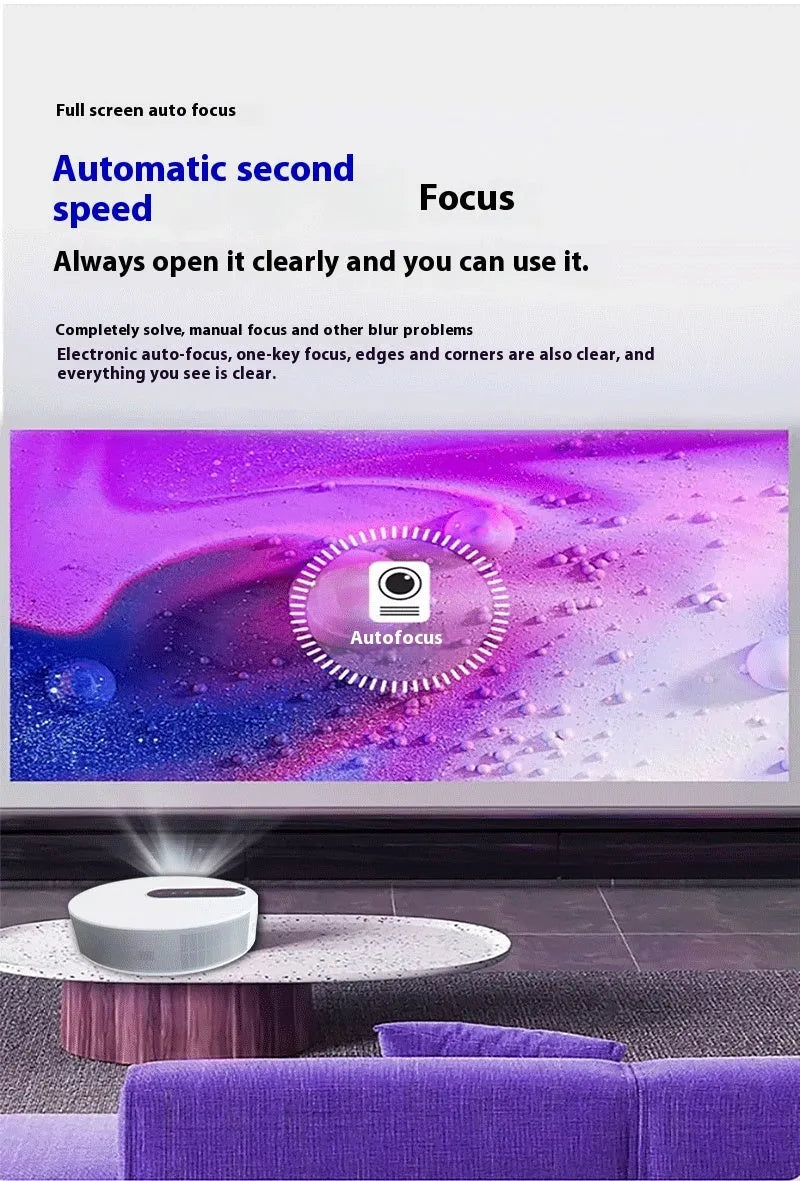 White HD home theatre smart projector with remote control on a stand