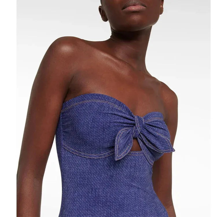 Women's vintage denim one-piece swimsuit with matching skirt beach outfit