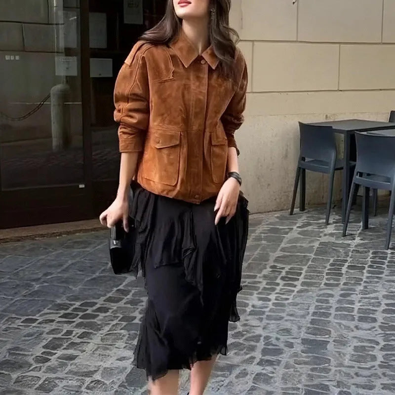 Women's suede-look coat in street chic style with regular sleeves in brown colour