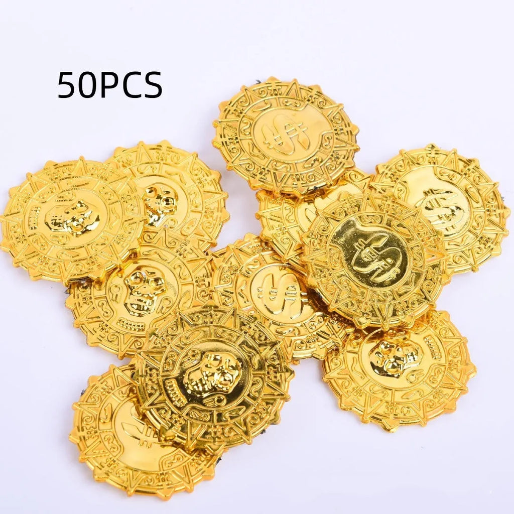 Plastic pirate gold coin with pointed tip styling measuring 3.6cm diameter
