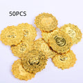 Plastic pirate gold coin with pointed tip styling measuring 3.6cm diameter