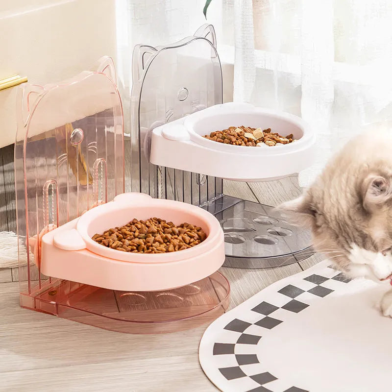 Grey adjustable height cat bowl with fixed anti-spill collar for neck protection